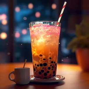 Refreshing bubble tea with tapioca pearls served in a glass with straw and ice