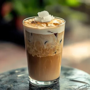 Iced coffee latte with milk foam served in a glass on a table