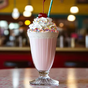 Creamy milkshake float topped with whipped cream sprinkles and cherry in a glass