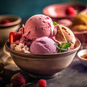 Strawberry and chocolate gelato scoops in a bowl with fresh berries and mint