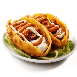 Crispy hot pocket stuffed wrap with filling and sauce served on a plate