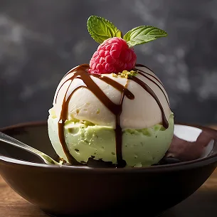 Ice cream scoop dessert with chocolate drizzle and raspberry garnish in a bowl