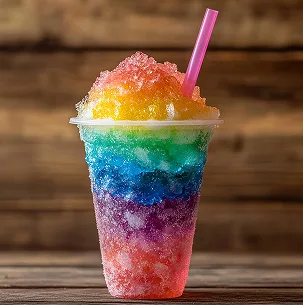 Colorful rainbow slushie drink with crushed ice served in a cup with straw