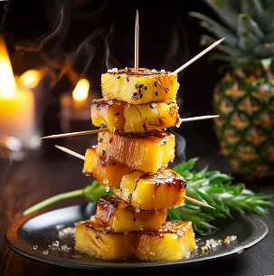 Grilled caramelized pineapple skewers served as a special dessert with herbs garnish