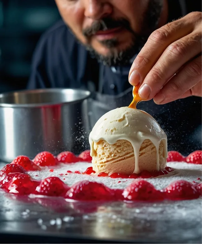 Chef plating ice cream dessert with strawberry topping