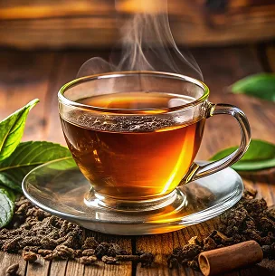 Hot tea served in a glass cup with steam and tea leaves on a wooden table