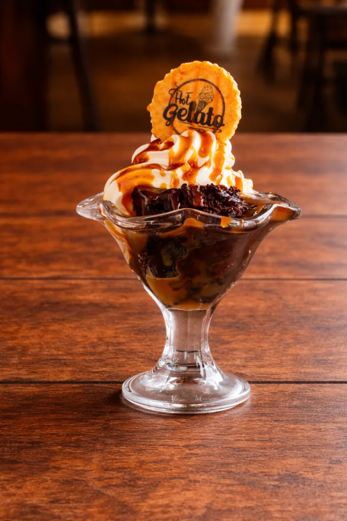 Chocolate sundae with ice cream and chocolate sauce at Hot Gelato Eastbourne